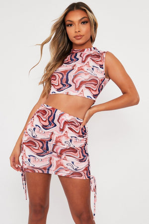 Brown Marble Print Crop Top & Side Ruched Skirt Set - Cole-Co-ords