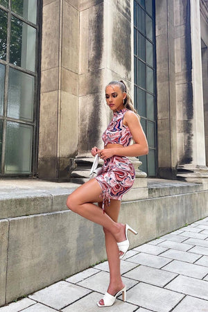 Brown Marble Print Crop Top & Side Ruched Skirt Set - Cole-Co-ords