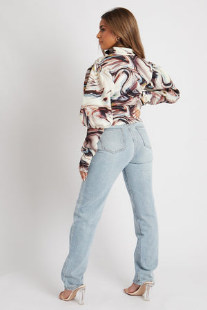 Brown Marble Print Puff Shoulder Jacket - Keaton-Jackets