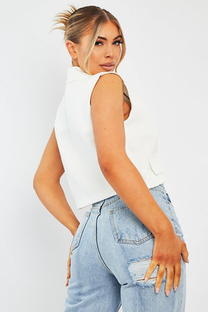 White Sleeveless Blazer Top - Frankiee