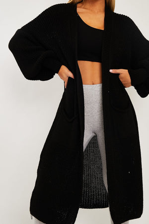 Black Balloon Sleeve Maxi Knit Cardigan - Imara