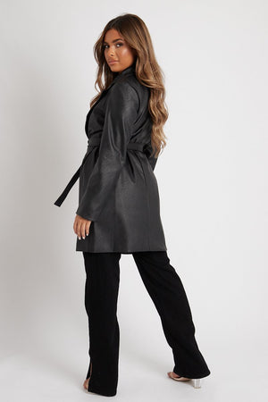 Black Faux Leather Belted Jacket - Myani