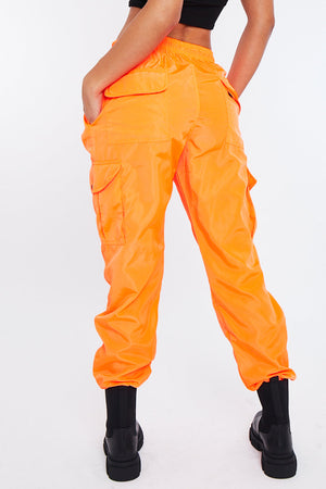 Neon Orange Hem Shell Cargo Joggers - Iris