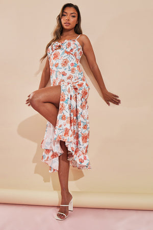 Orange Floral Print Shirred Bust Midi Dress - Renita