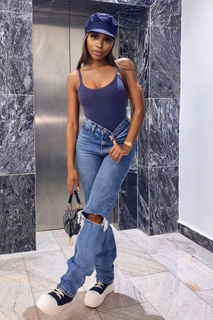Blue Mid Wash Ripped Knee Straight Leg Jeans - Brilynn