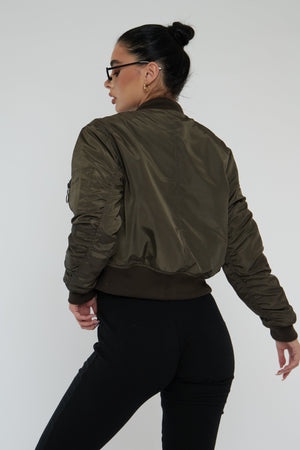 Khaki Zip Front Bomber Jacket - Jiya