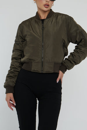 Khaki Zip Front Bomber Jacket - Jiya