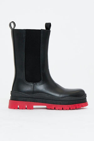 Black Red Chunky Sole Faux Leather Boots - Maree