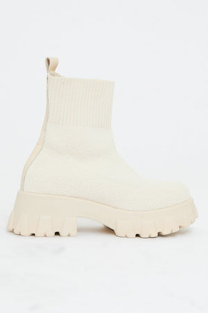 Cream Ankle High Chunky Sole Sock Boots - Bana