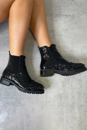Black Patent Croc Stud Chelsea Boots - Taegan