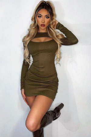 Khaki Ribbed Cut Out Mini Dress - Ayana