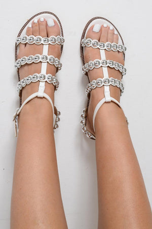 White Silver Ball Stud Gladiator Sandals - Avis