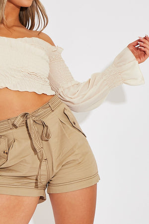Stone Shirred Wrap Over Bardot Crop Top - Zuri