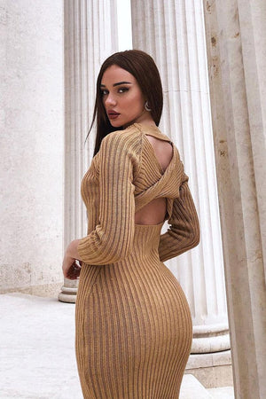 Camel Open Twist Back Maxi Bodycon Jumper Dress - Karrah