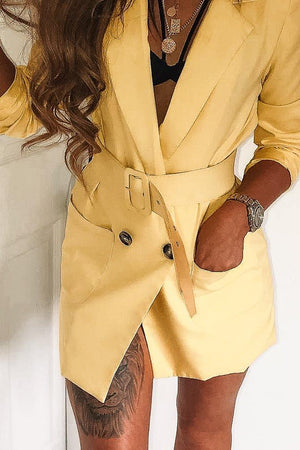 Yellow Double Breasted Button Front Belted Blazer - Huda