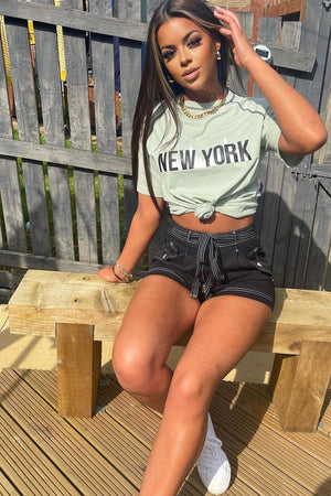 Black Contrast Stitch Belted Shorts - Michella