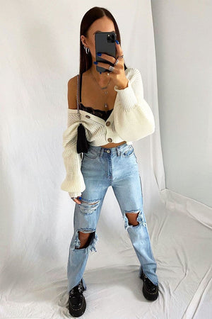 Light Blue Extreme Rip Inside Leg Split Straight Jeans - Rosina