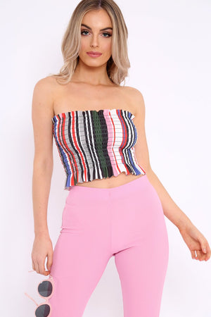 Multi Stripe Shirred Frill Bandeau Crop Top - Camren