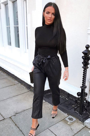 Black Faux Leather Paper Bag Belted Tapered Trousers - Lucia