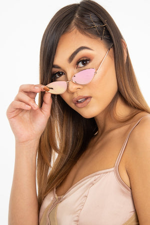 Rose Gold Small Cat Eye Metal Frame Sunglasses - Stefani