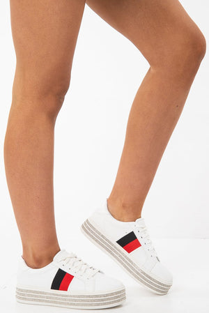 White Side Stripe Trainers with Diamante Platform Sole - Latia