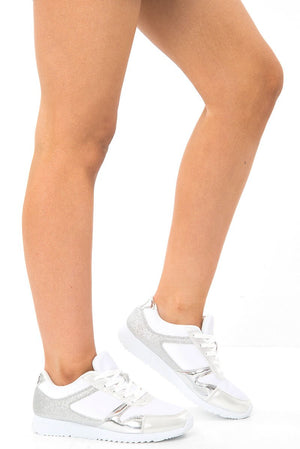 White Silver Velvet Glitter Lace Up Trainers - Taia