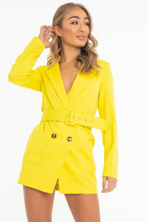Yellow Double Breasted Button Front Belted Blazer - Huda