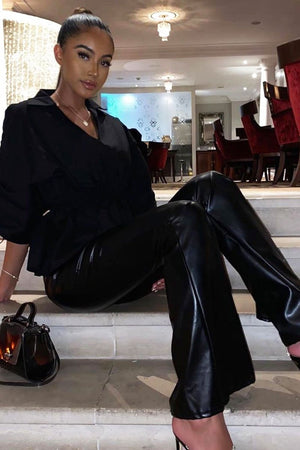 Black Faux Leather High Waist Flared Trousers - Tori