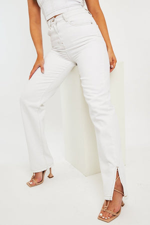 White Contrast Stitch Denim Straight Leg Side Split Jeans - Tashi