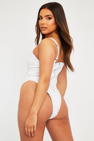 White Contrast Stitch Denim Bodysuit - Jamelia