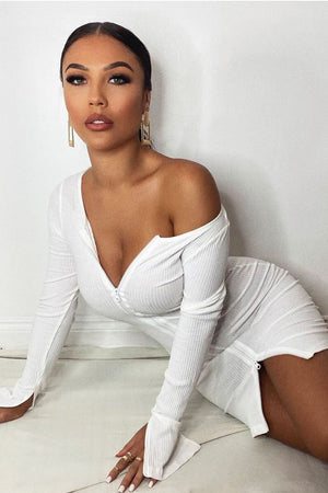 White Ribbed Double Zip Bodycon Mini Dress - Bellani