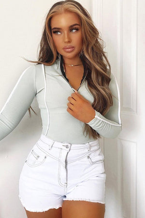 Sage Contrast Piping Zip Front Bodysuit - Betsy