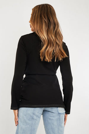 Black Contrast Stitch Waist Belt Blazer - Maya