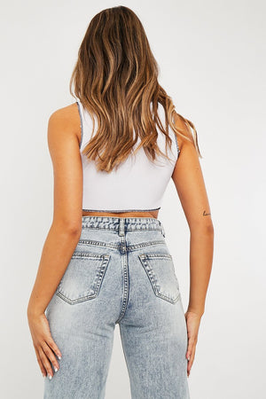 White Ribbed Notch Contrast Stitch Crop Top - Rinnah