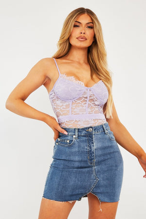 Mid Blue Notch Cut Out Denim Mini Skirt - Riana
