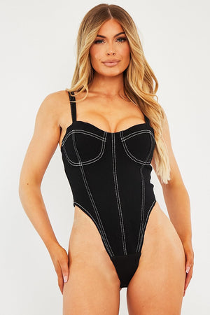 Black Contrast Stitch Denim Bodysuit - Jamelia