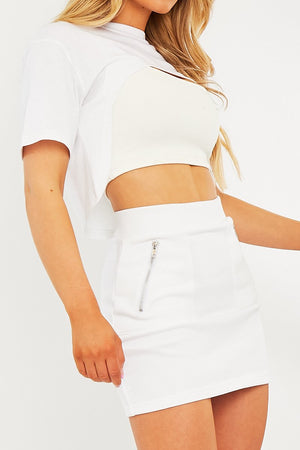 White Zip Front Sweatshirt Mini Skirt - Savana