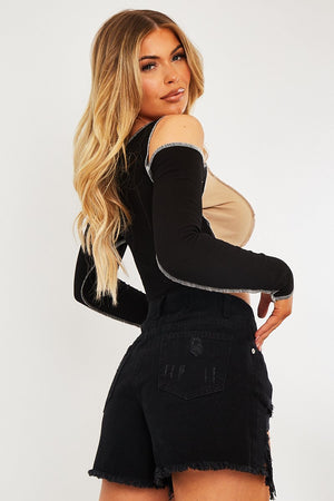 Black Denim Extreme Rip Front Shorts - Aarya