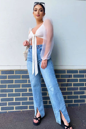 White Bow Front Organza Sleeve Crop Top - Eddie