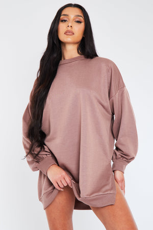 Mocha Oversized Slit Sweatshirt Dress - Kierell