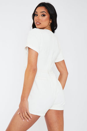 White Denim Utility Zip Up Playsuit - Addo