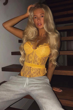 Mustard Lace Flower Bodysuit - Faylen