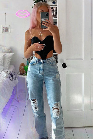 Blue Bleach Washed Distressed Straight Leg Jeans - Holly