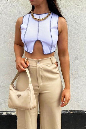 White Ribbed Notch Contrast Stitch Crop Top - Rinnah