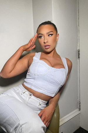 White Contrast Stitch Corset Denim Crop Top - Makia