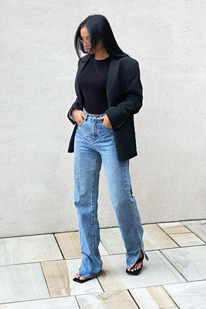 Blue Denim Straight Leg Side Split Jeans - Tashi