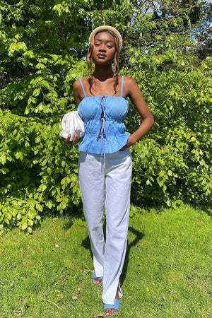 White Contrast Stitch Denim Straight Leg Side Split Jeans - Tashi
