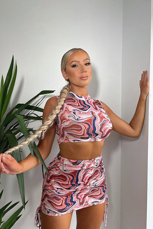Brown Marble Print Crop Top & Side Ruched Skirt Set - Cole
