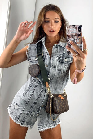 Grey Wash Distressed Sleeveless Denim Shirt Dress - Idaliz