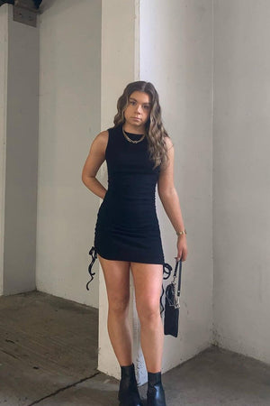 Black High Neck Side Ruched Mini Bodycon Dress - Nia